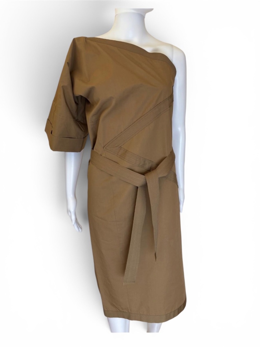Bottega Veneta One-Shoulder Belted Midi Dress – Taupe
